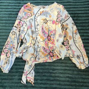 Marc New York Paisley Ruffle Peplum Blouse S Sheer Sleeve Lined Top
